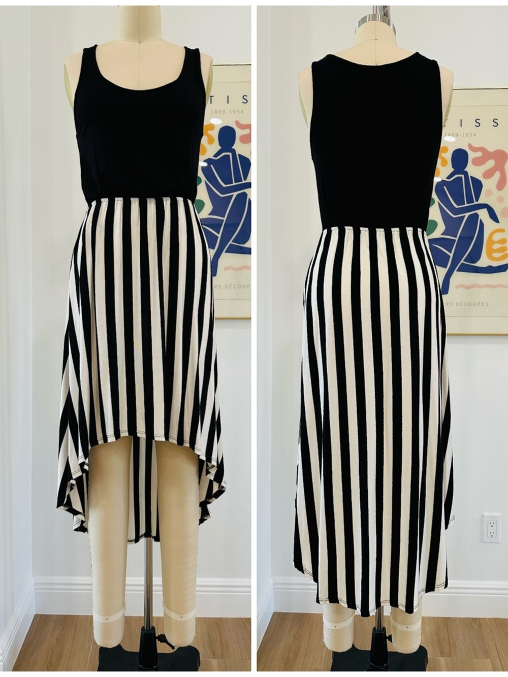 Black & Off White Striped High-Low Dress